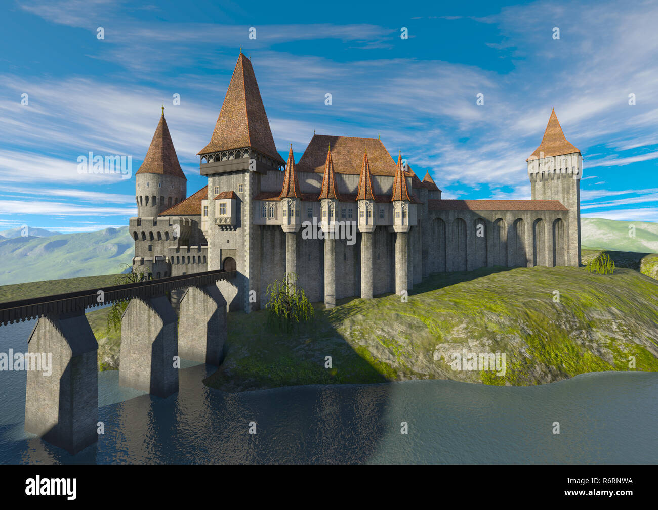 3D rendering of a fairy tale medieval castle on a blue sky background ...