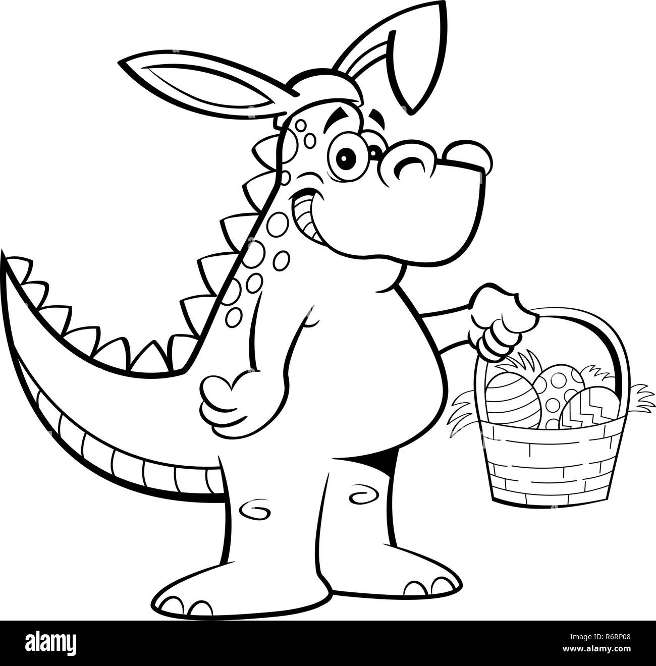 Black and white illustration of a dinosaur wearing rabbit ears and holding an Easter basket. Stock Photo