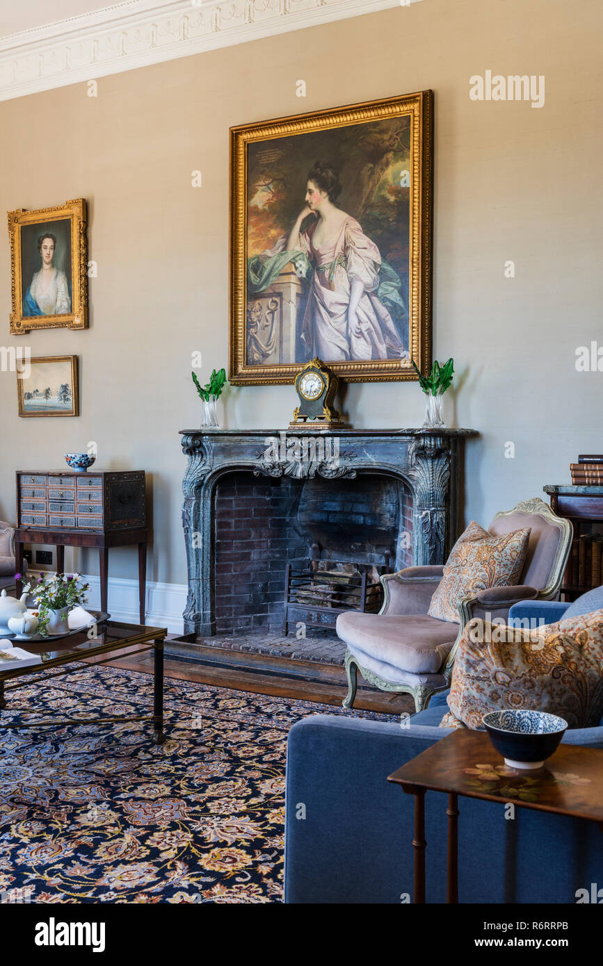 Portrait of Fanny Fowler above fireplace in drawing room of 18th century Goodnestone mansion Stock Photo
