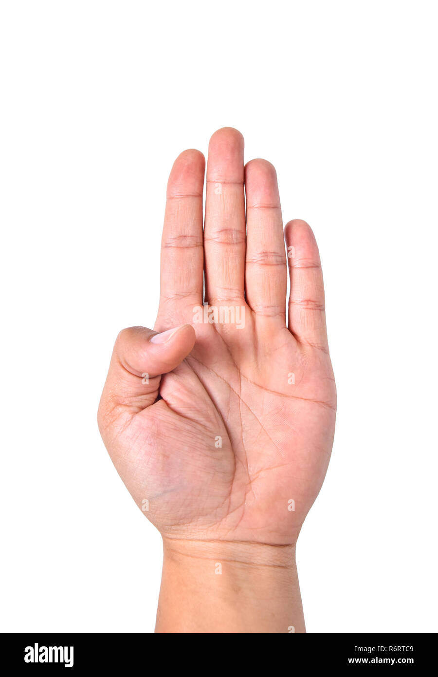 Hand swear sign asian young man palm four finger isolated on white