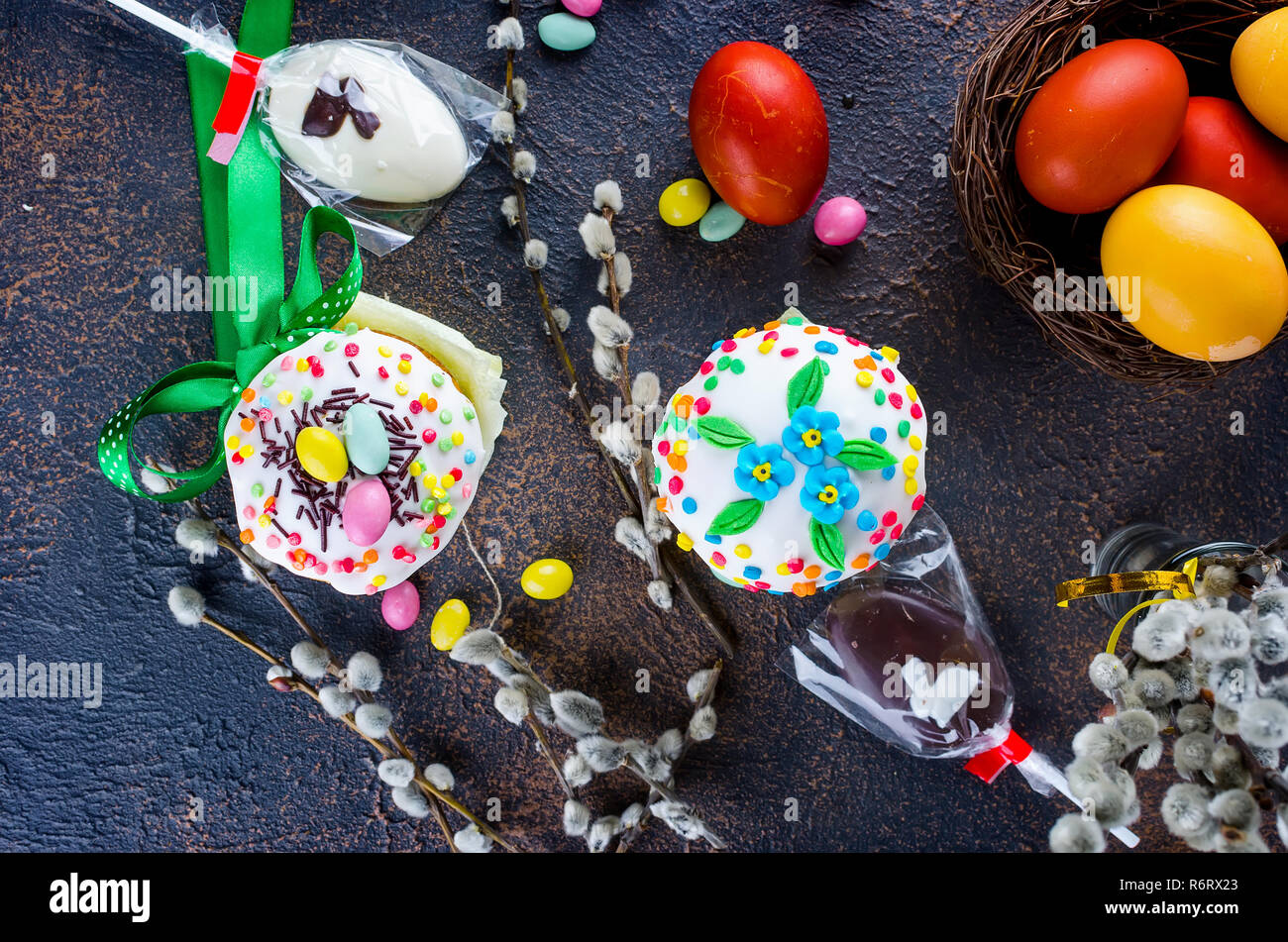 Spring Easter cake with white icing and colorful topping sugar decor Spring Easter cake with white icing and colorful topping sugar decor