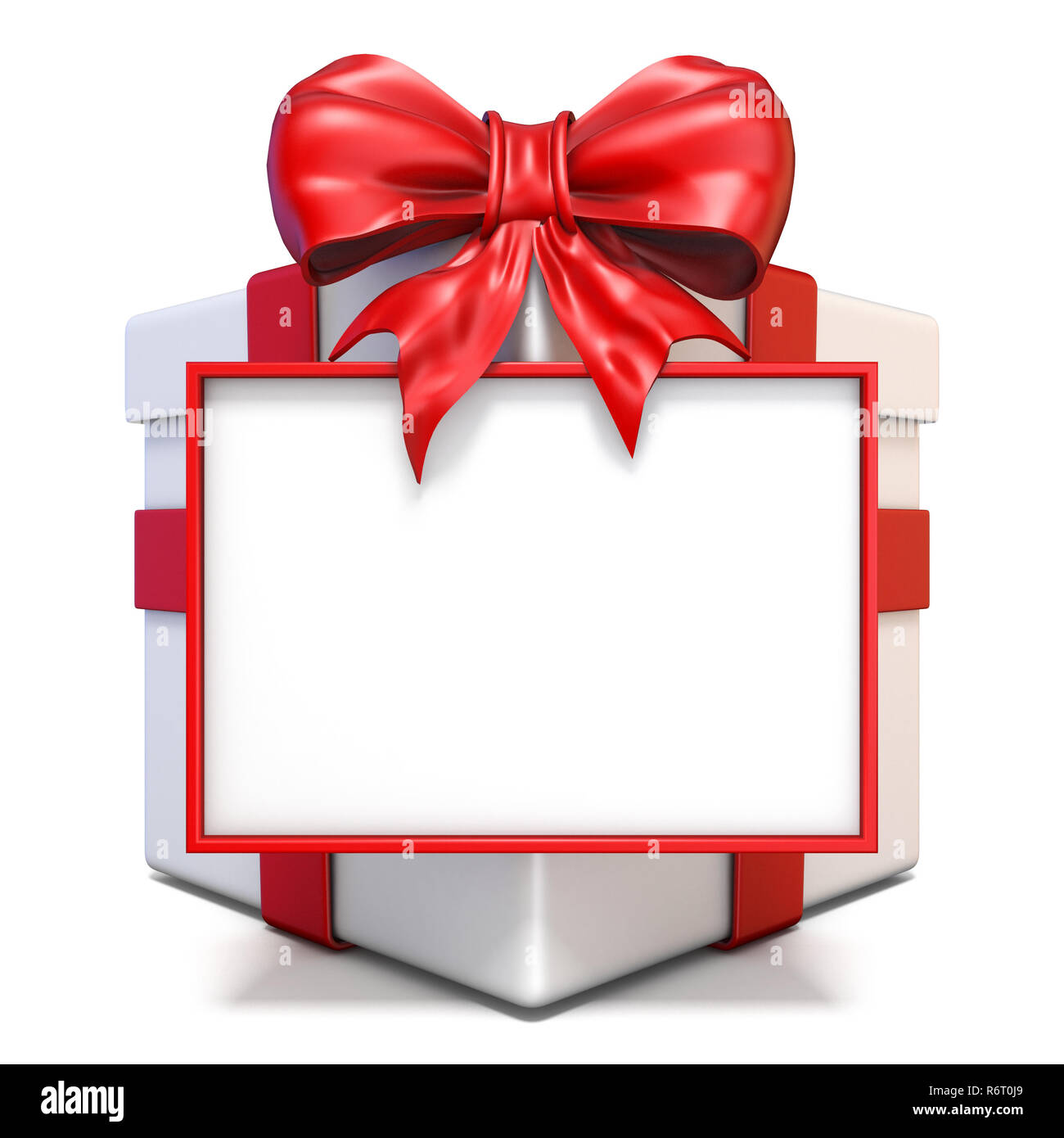 White gift box with red ribbon and blank board 3D rendering ...