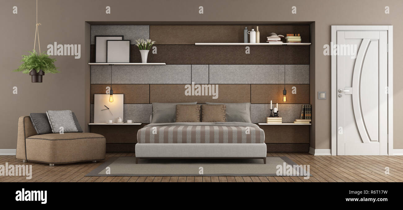 Brown and gray master bedroom Stock Photo - Alamy