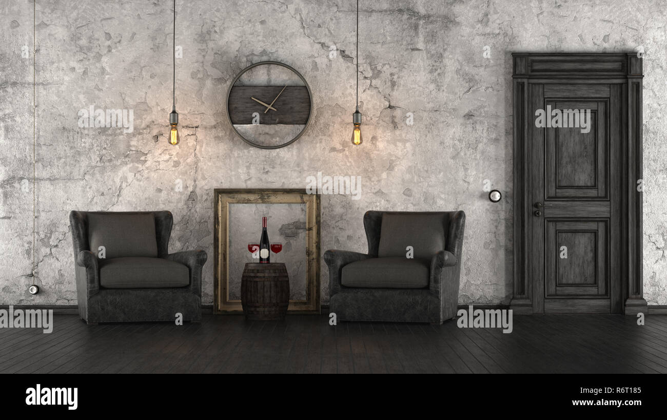Black and white retro interior Stock Photo - Alamy