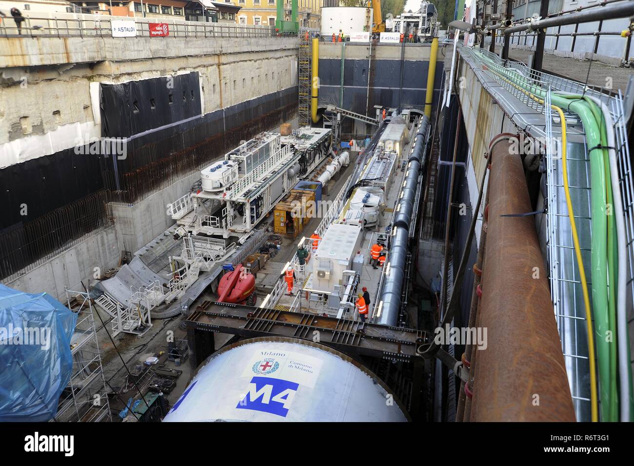 Milan (Italy), building yard for the construction of the new line 4 'Blue' of the Underground, the 'mechanical mole' arranged for the excavation of the tunnel under the city center Stock Photo