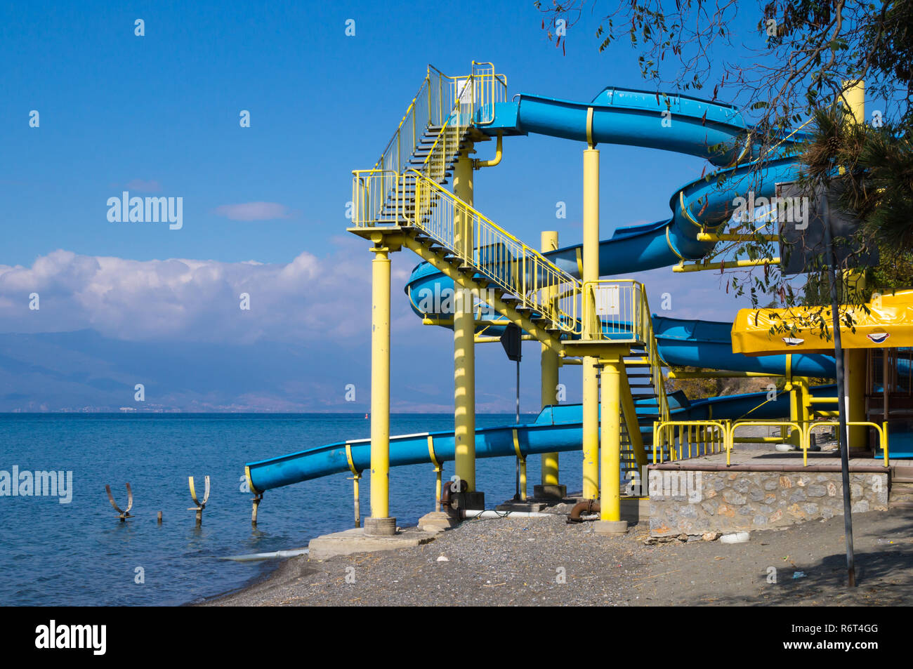 The end of summer season; the water slide into the lake of Ohrid, Macedonia, is getting closed. Stock Photo