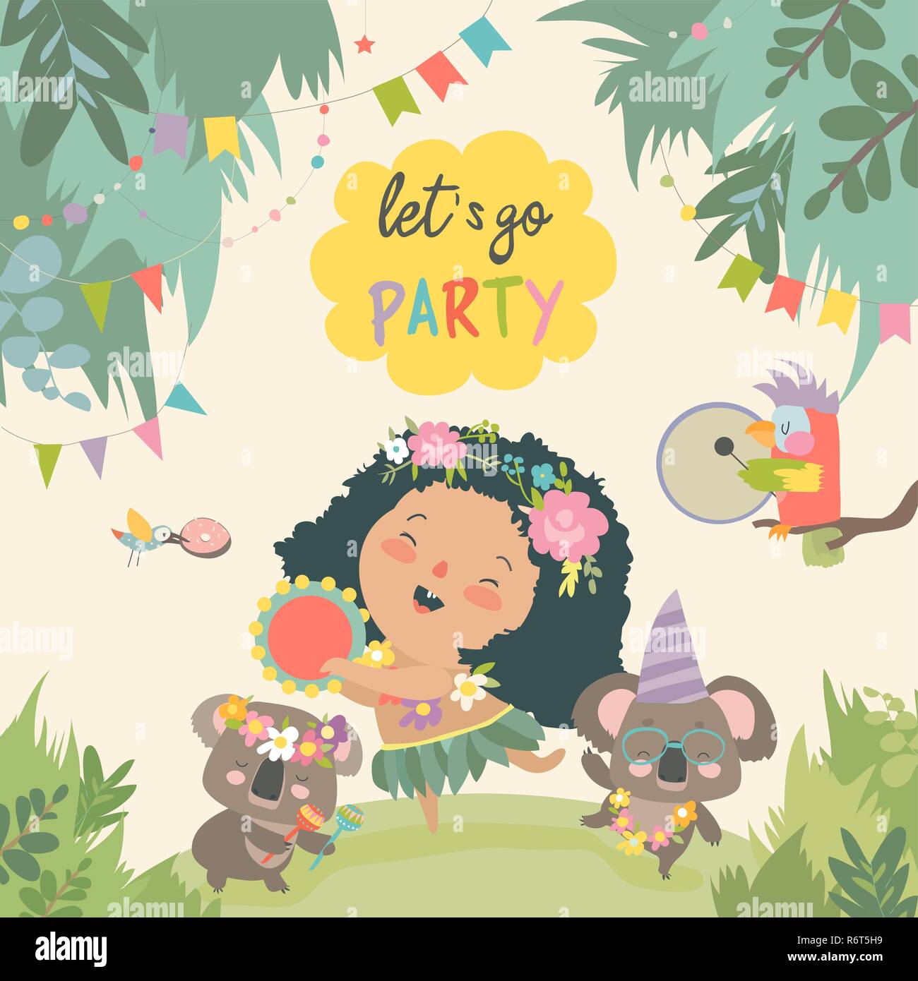 Cute koalas dancing with little girl on lawn Stock Vector Image & Art ...