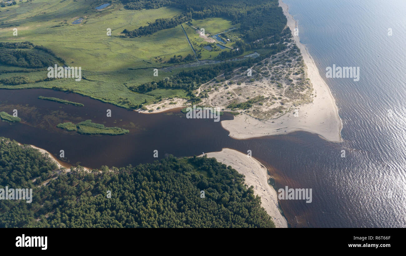 Gauja river Latvia drain into Baltic Sea aerial drone top view Stock ...
