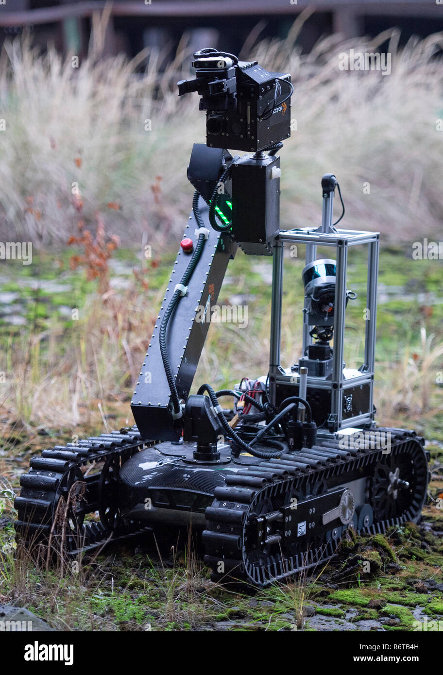 Dortmund, Germany. 06th Dec, 2018. The reconnaissance robot "Hector" is  exhibited at a presentation. The robot is part of a research project for  rescue robots at the Technical University of Darmstadt. Credit: