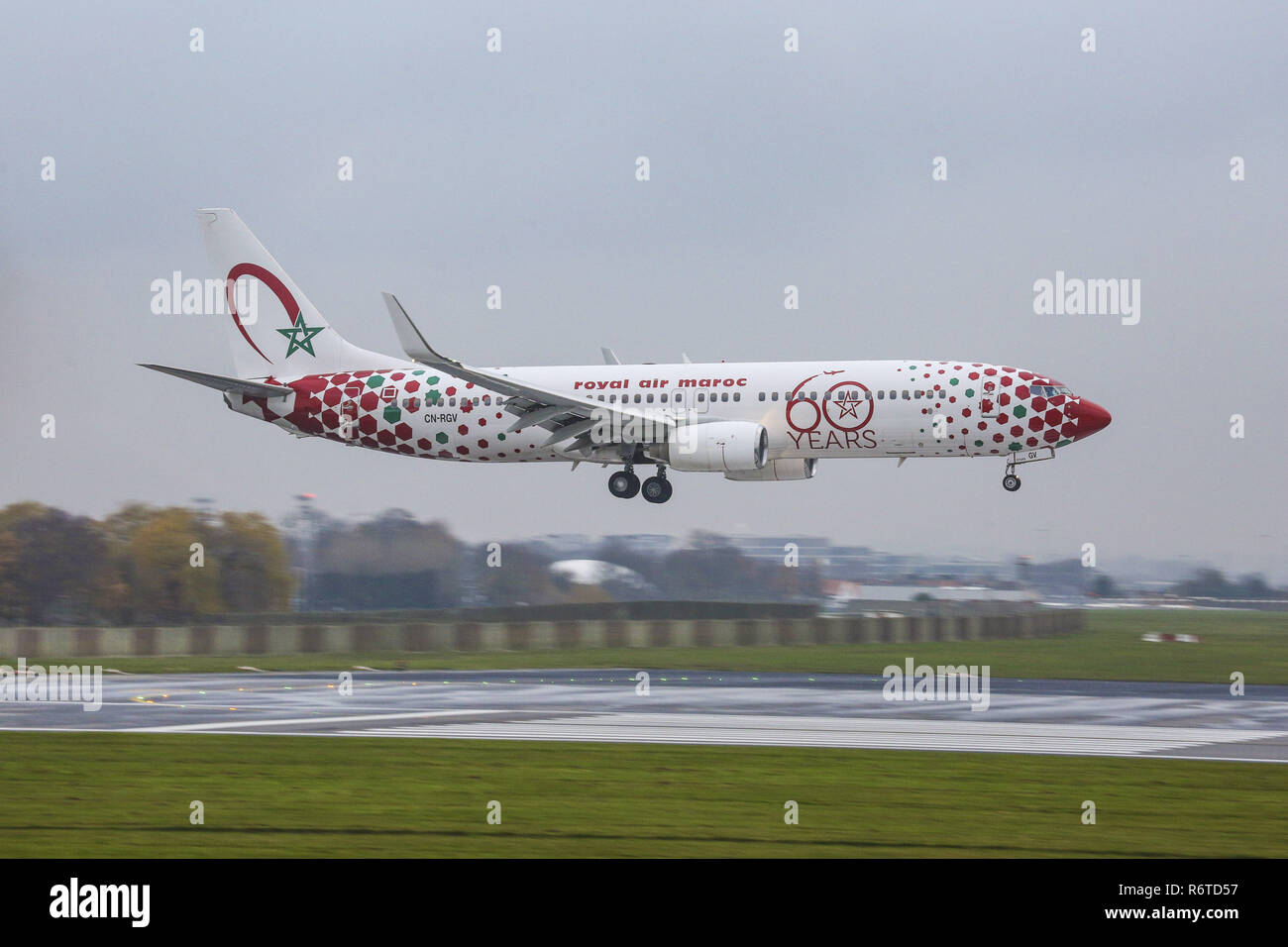 December 1, 2017 - Brussels, Belgium - The Royal Air Maroc or RAM Boeing 737-800 is seen landing at the Brussels International Airport in Belgium, known as Brussels National or Zavantem Airport with IATA / ICAO codes BRU and EBBR.. The aircraft is a Boeing 737-800 with registration CN-RGV and is painted in special scheme ''60 years'' livery. RAM connects Brussels to Casablanca, Nador, Rabat, Tangier and seasonal to Al Hoceima and Oujda. (Credit Image: © Nicolas Economou/SOPA Images via ZUMA Wire) Stock Photo