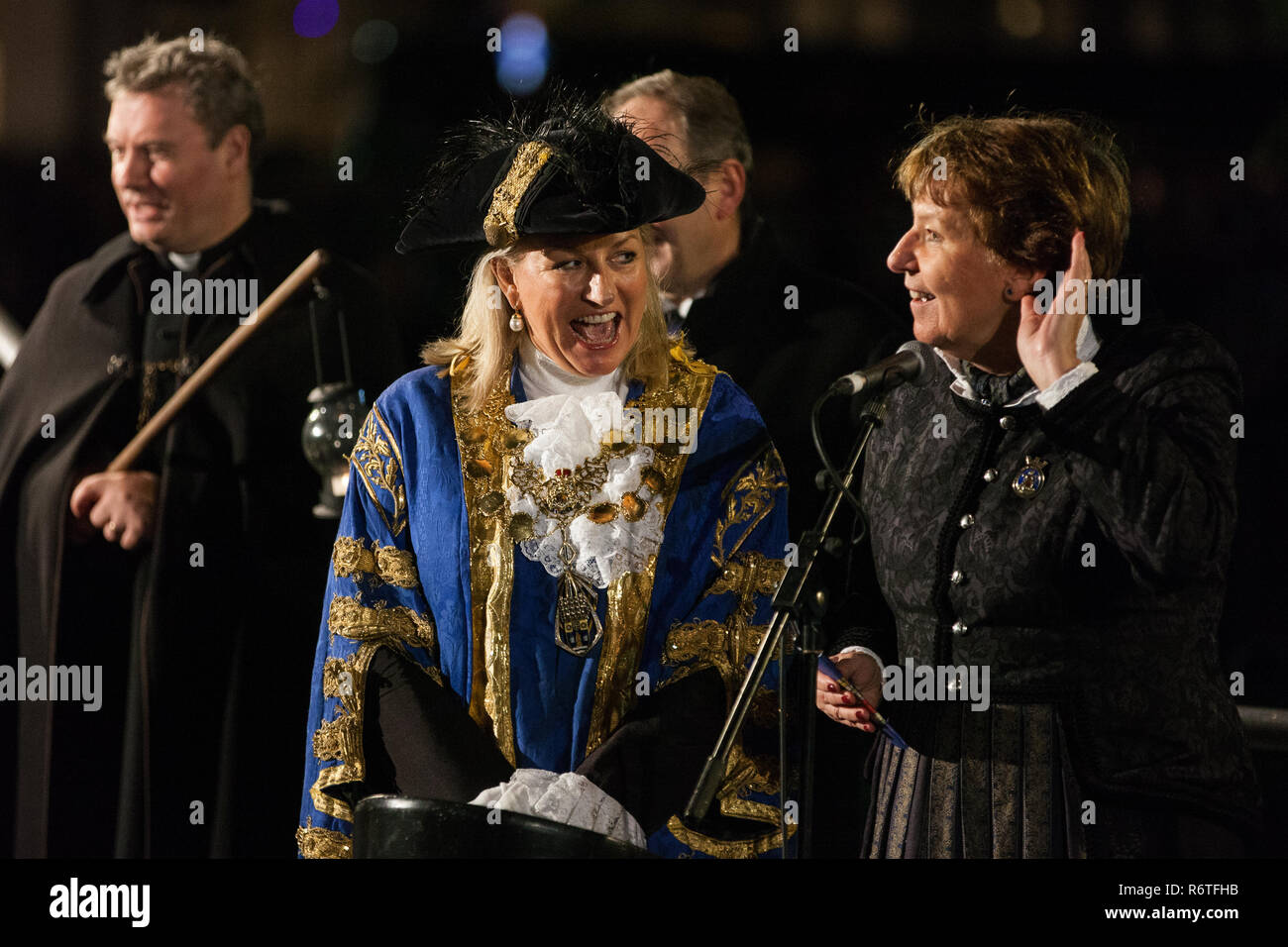London, UK. 6th December, 2018. The Mayor of Westminster, Councillor Lindsey Hall, and the Mayor of Oslo, Marianne Borgen, prepare the crowd gathered in Trafalgar Square for the switching on of the lights on the Christmas tree. A spruce tree selected from the forests surrounding Oslo has been gifted to the UK by the Norwegian government in gratitude for its support during World War II since 1947. Energy-efficient light bulbs are now used to decorate the tree. Credit: Mark Kerrison/Alamy Live News Stock Photo