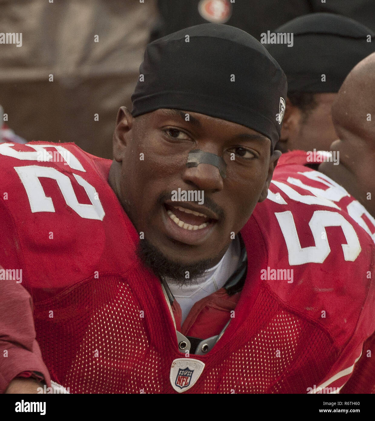 San Francisco, California, USA. 19th Nov, 2012. San Francisco 49ers inside  linebacker Patrick Willis (52) happy about game outcome on Monday at  Candlestick Park in San Francisco, CA. The 49ers beat the