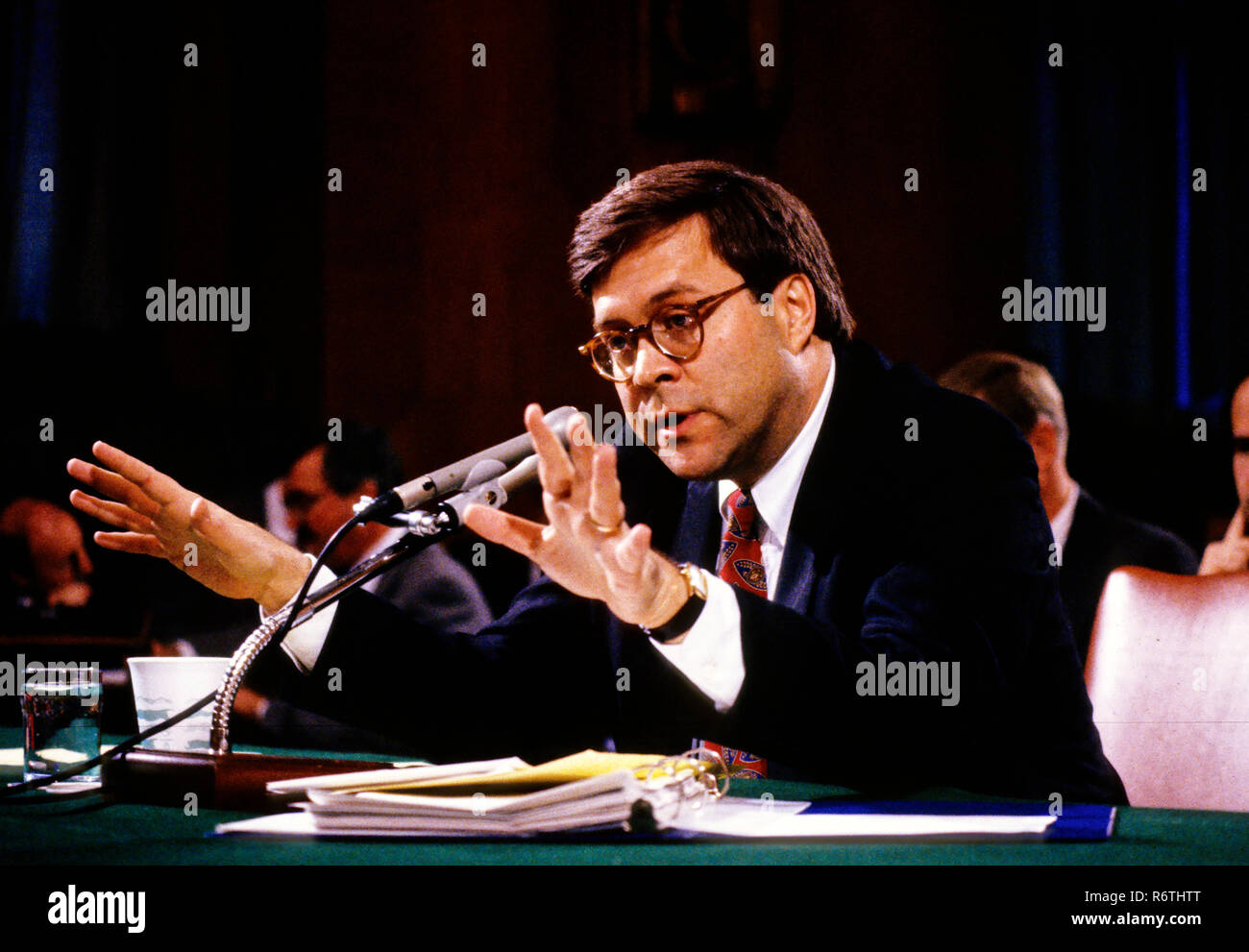 William P. Barr, who was was appointed by United States President George H.W. Bush to be the 77th US Attorney General, testifies before the US Senate Committee on the Judiciary on Capitol Hill in Washington, DC on November 12, 1991. Credit: Ron Sachs/CNP | usage worldwide Stock Photo