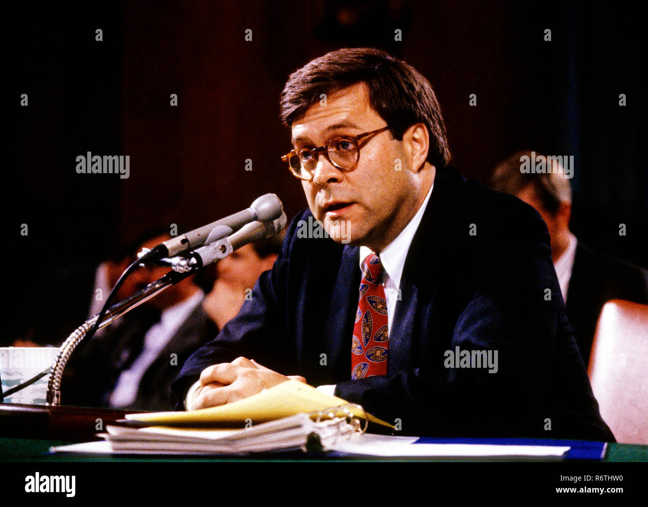 William P. Barr, who was was appointed by United States President George H.W. Bush to be the 77th US Attorney General, testifies before the US Senate Committee on the Judiciary on Capitol Hill in Washington, DC on November 12, 1991. Credit: Ron Sachs/CNP | usage worldwide Stock Photo