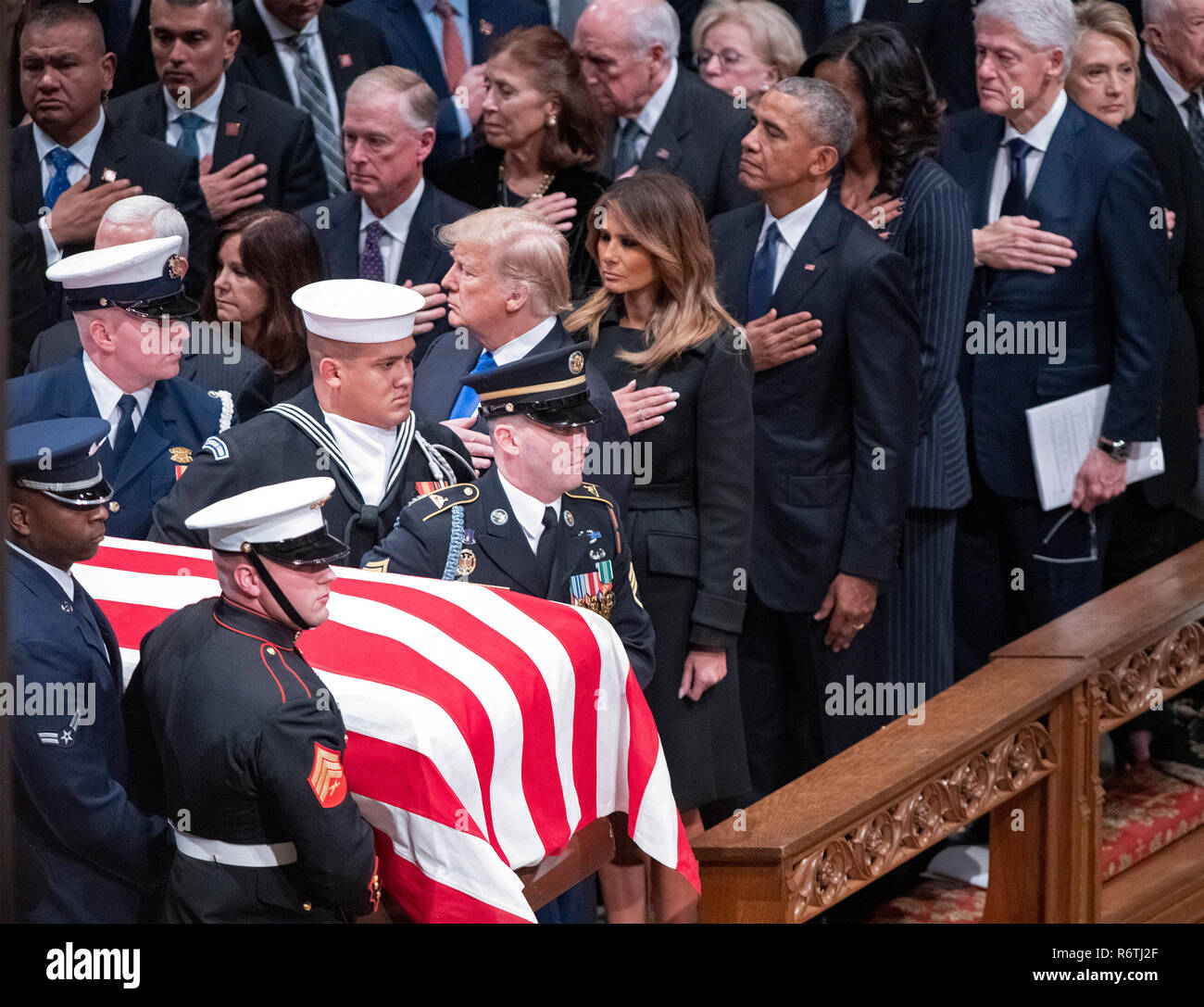 National funeral service in honor of the late former United States President George H.W. Bush at the Washington National Cathedral in Washington, DC on Wednesday, December 5, 2018. Visible in the frame are former US Vice President Dan Quayle, Marilyn Quayle, US President Donald J. Trump, first lady Melania Trump, former US President Barack Obama former US President Bill Clinton and former US Secretary of State Hillary Rodham Clinton. Credit: Ron Sachs/CNP (RESTRICTION: NO New York or New Jersey Newspapers or newspapers within a 75 mile radius of New York City) | usage worldwide Stock Photo