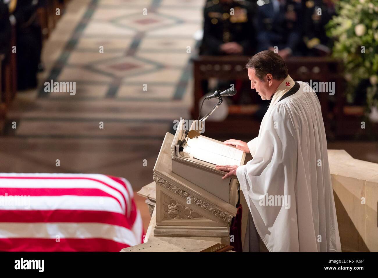 Rev. Dr. Russell Jones Levenson, Jr., the Bush family pastor, delivers the homily at the State Funeral for former President George H.W. Bush at the National Cathedral December 5, 2018 in Washington, DC. Bush, the 41st President, died in his Houston home at age 94. Stock Photo