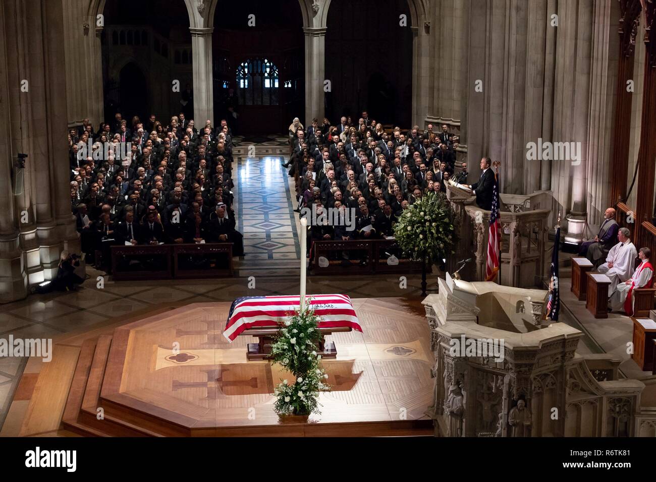 Former President George W. Bush delivers the eulogy for his father, former President George H.W. Bush, at his State Funeral at the National Cathedral December 5, 2018 in Washington, DC. Bush, the 41st President, died in his Houston home at age 94. Stock Photo