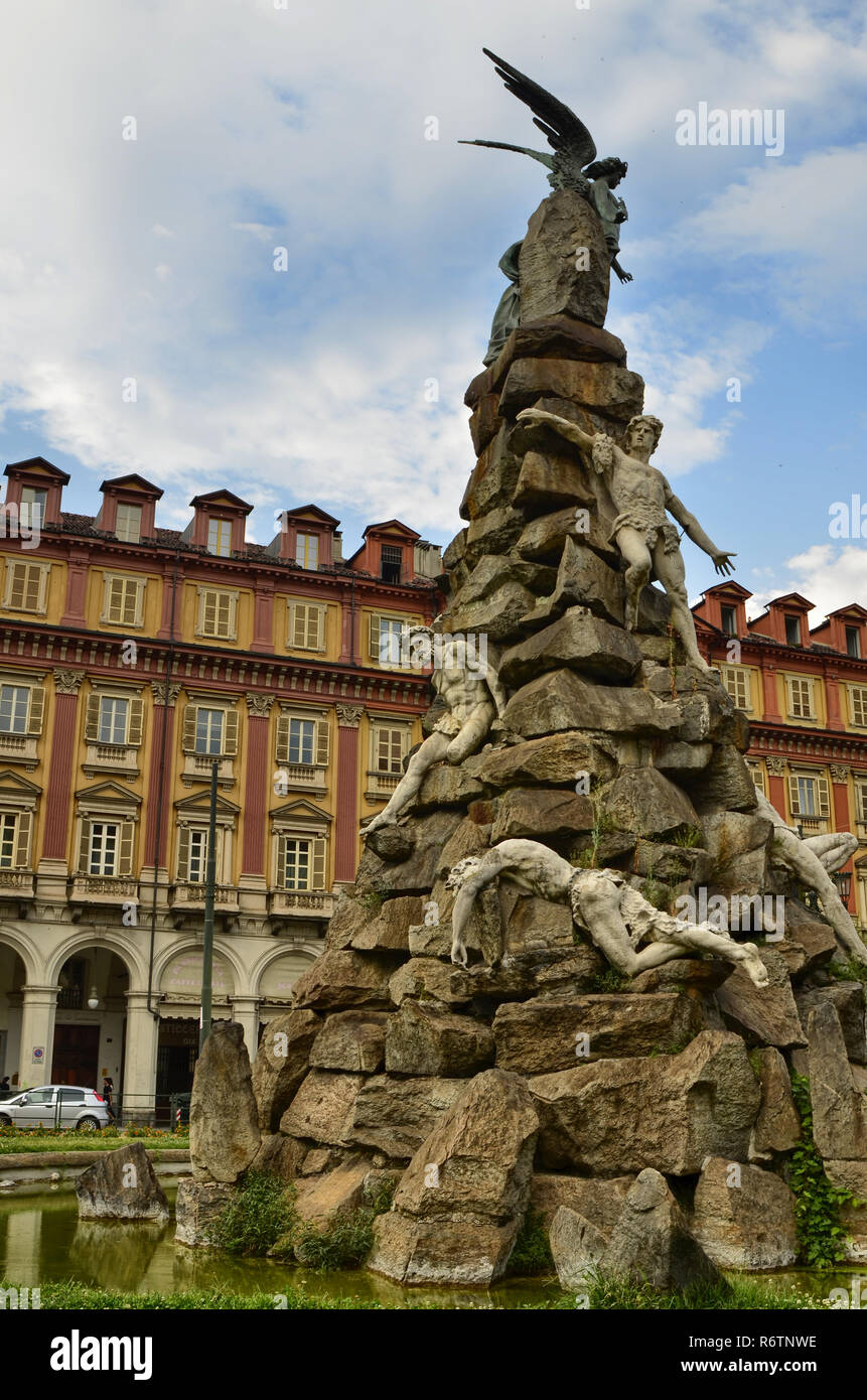 Turin, Piedmont region. Italy, September 2018. Piazza statuto, details of the monument dedicated to the Frejus Tunnel. It is located in the center of  Stock Photo