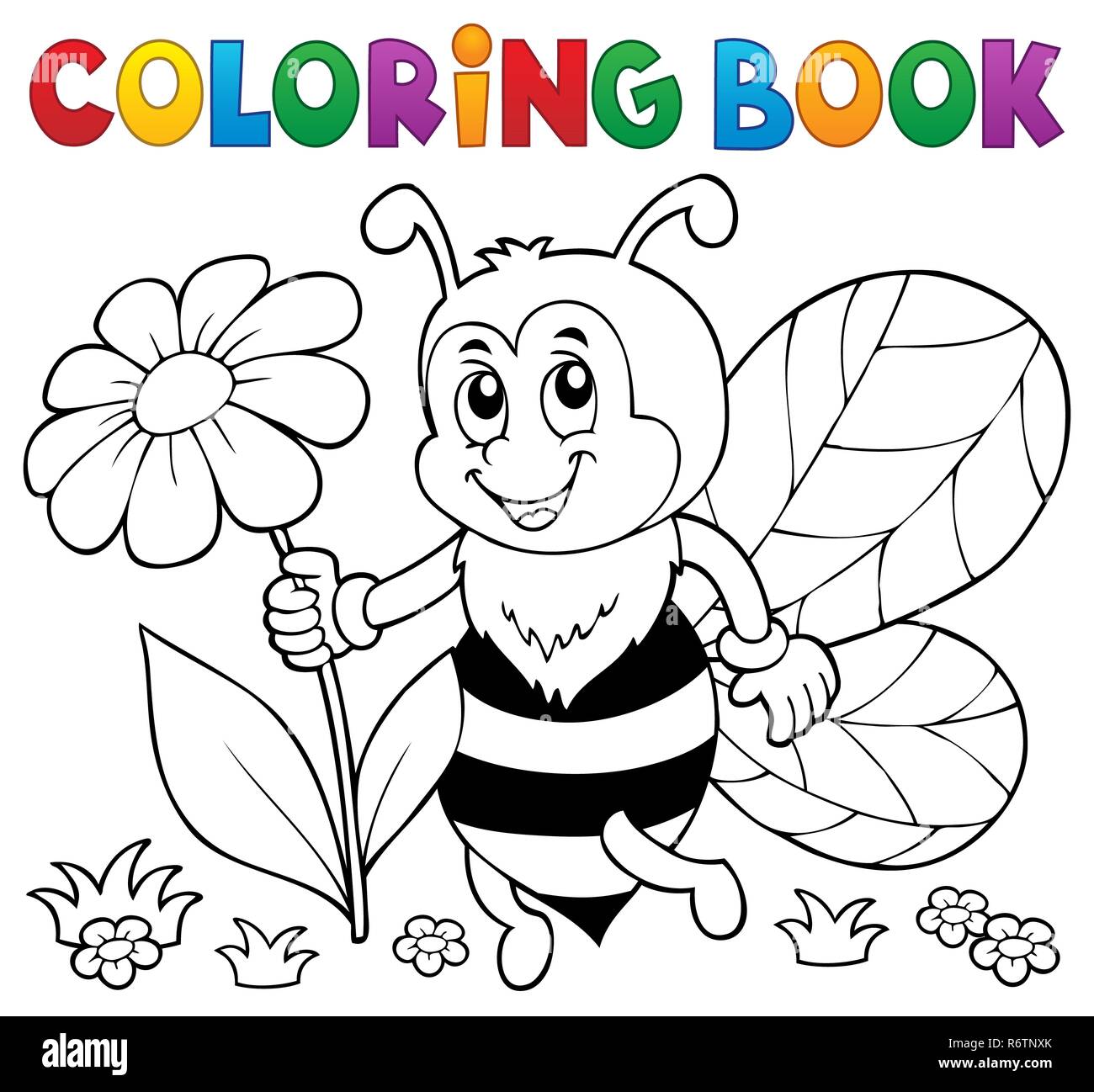 Coloring book happy bee theme 4 Stock Photo - Alamy