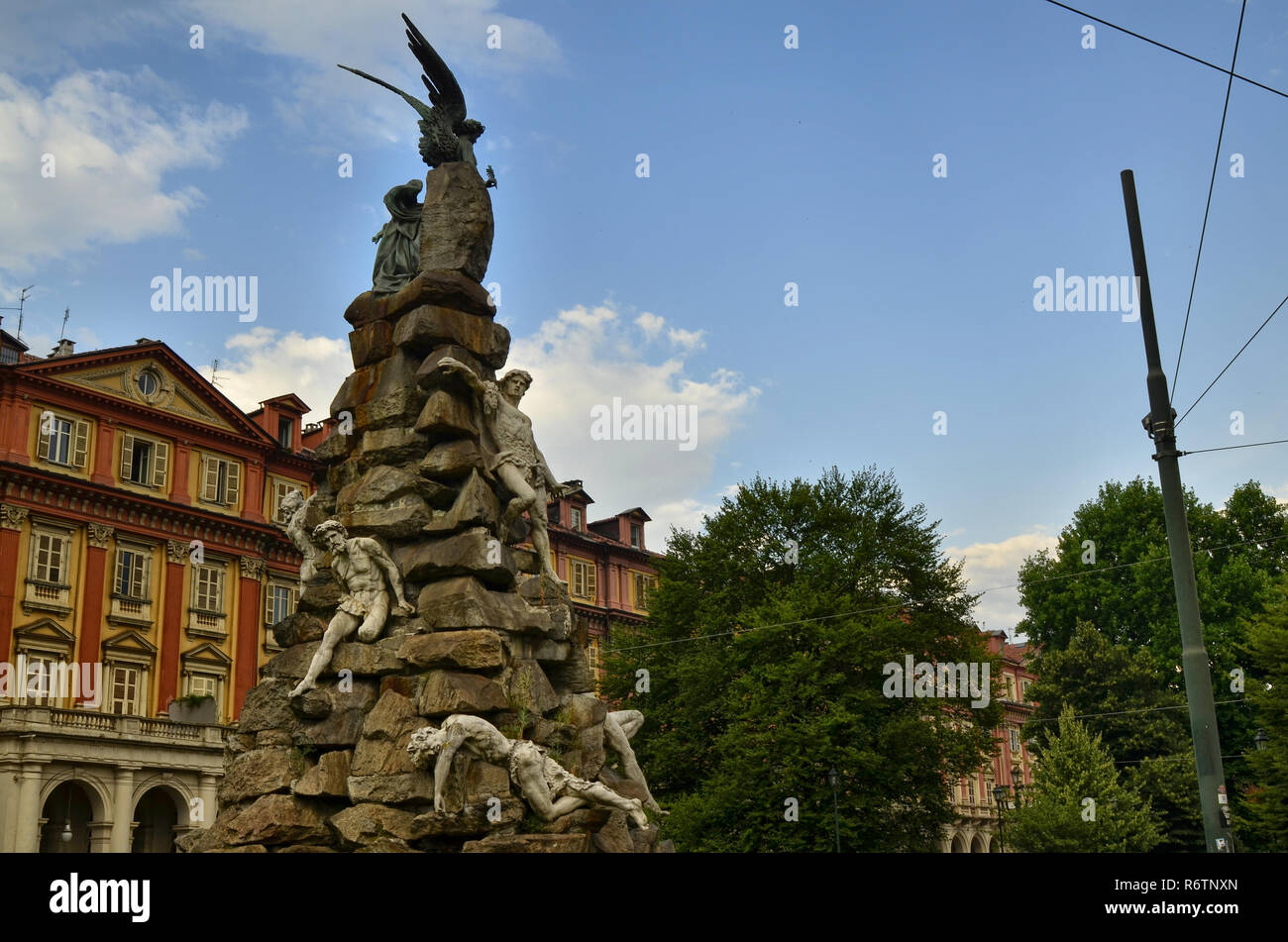 Turin, Piedmont region. Italy, September 2018. Piazza statuto, details of the monument dedicated to the Frejus Tunnel. It is located in the center of  Stock Photo