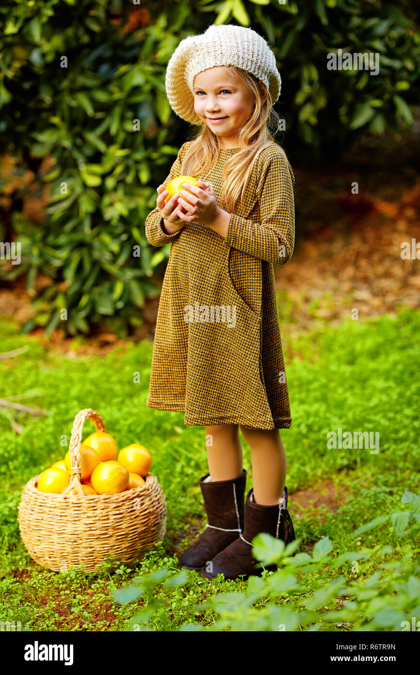 Adorable happy little girl with basket full of ripe tasty mandarin and apelsinov. citrus collection. Vitamin diet. Stock Photo