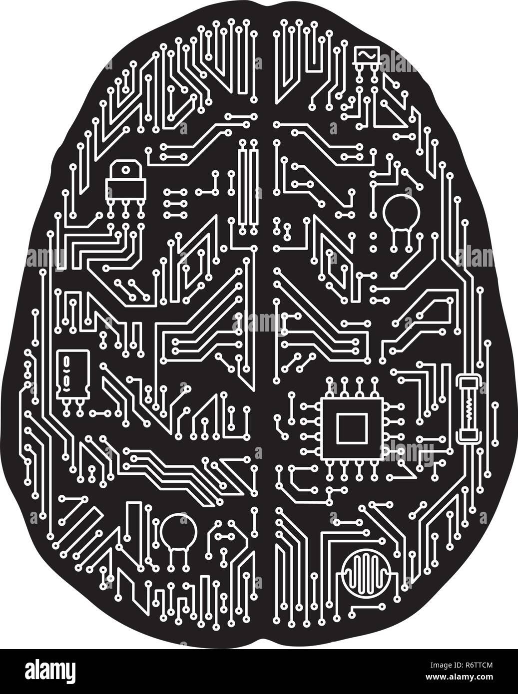 Motherboard human brain shaped isolated vector illustration. Black and white artificial intelligence and technology concept. Stock Vector