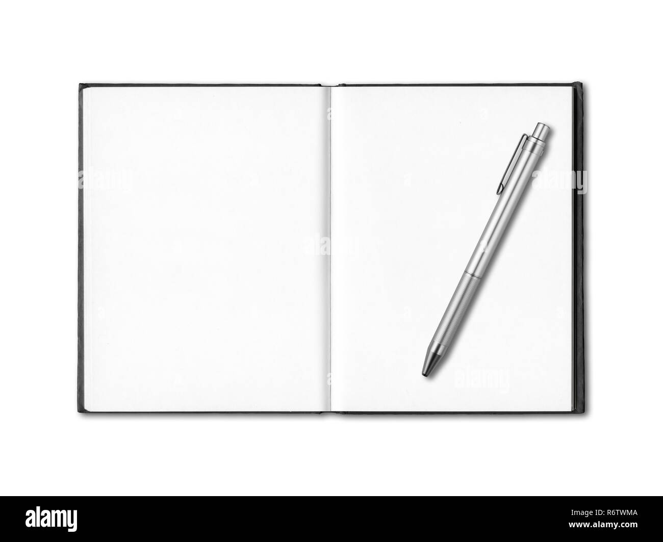 Blank open notebook and pen isolated on white Stock Photo
