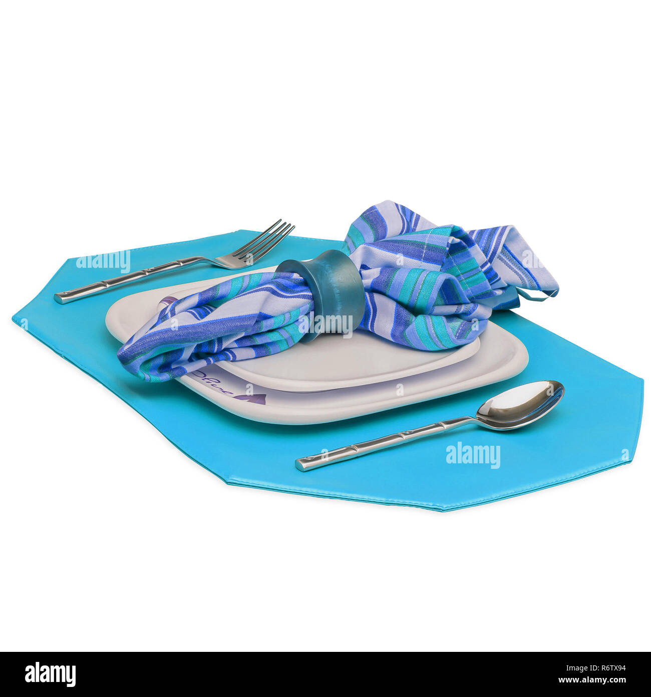 Isolated Octagon Shaped Angled Blue Kitchen Place Mat on White