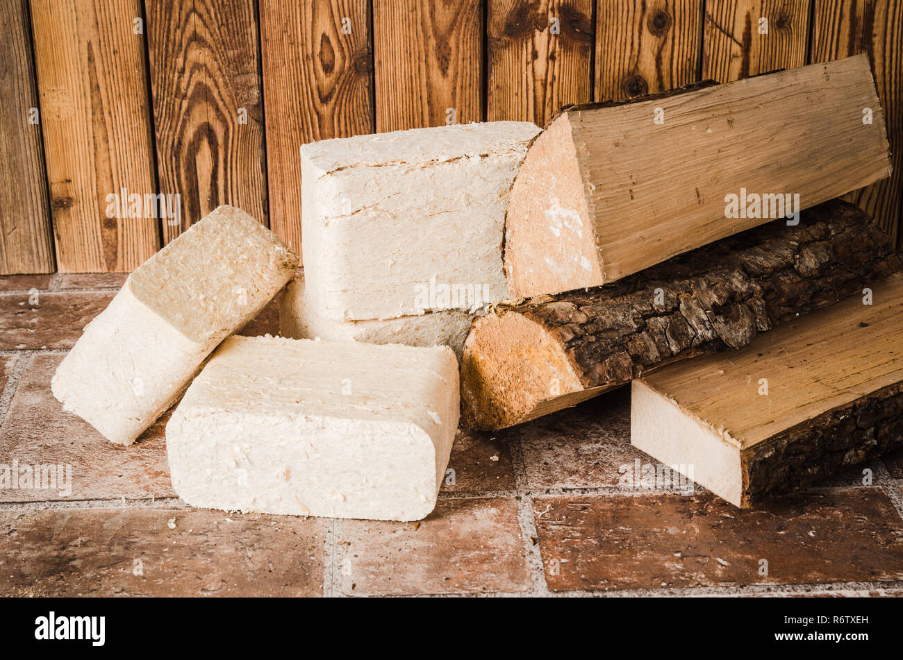 Wood briquette and firewood, close-up Stock Photo