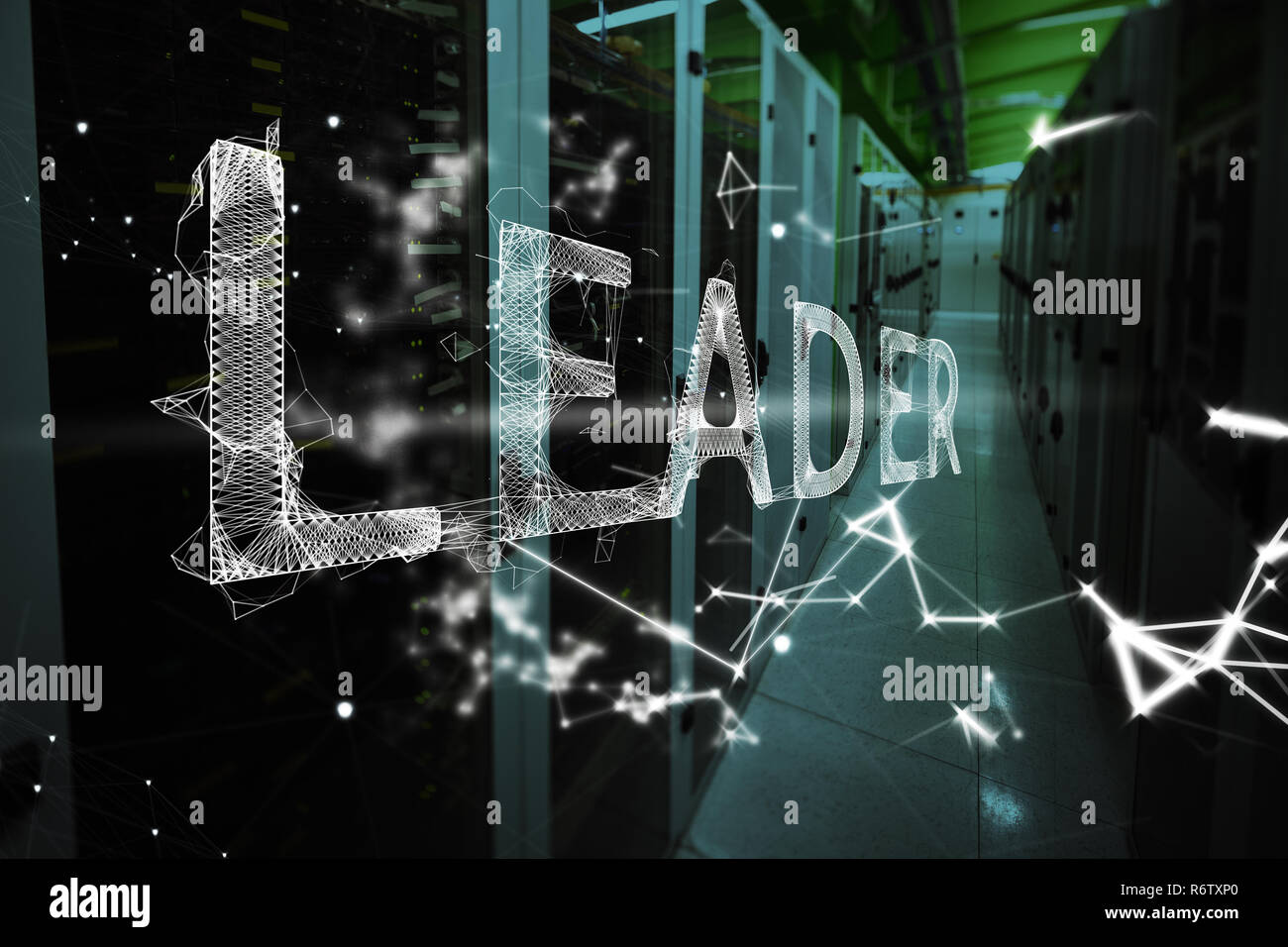 Graphic image of leader text against empty server room Stock Photo
