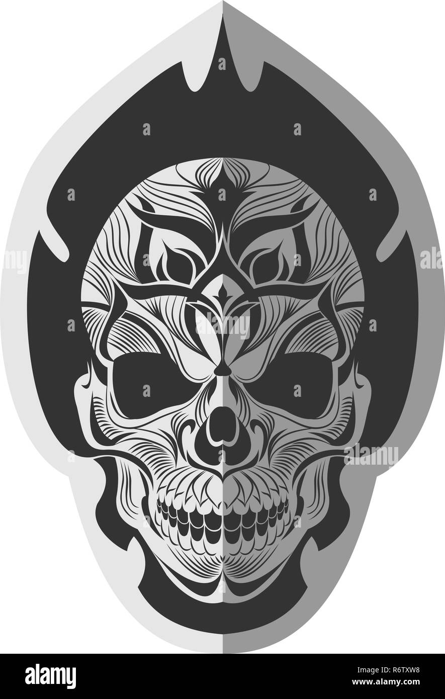 Decorative black and white skull flat paper memorable art for sticker, tattoo or t-shirt printing Stock Vector