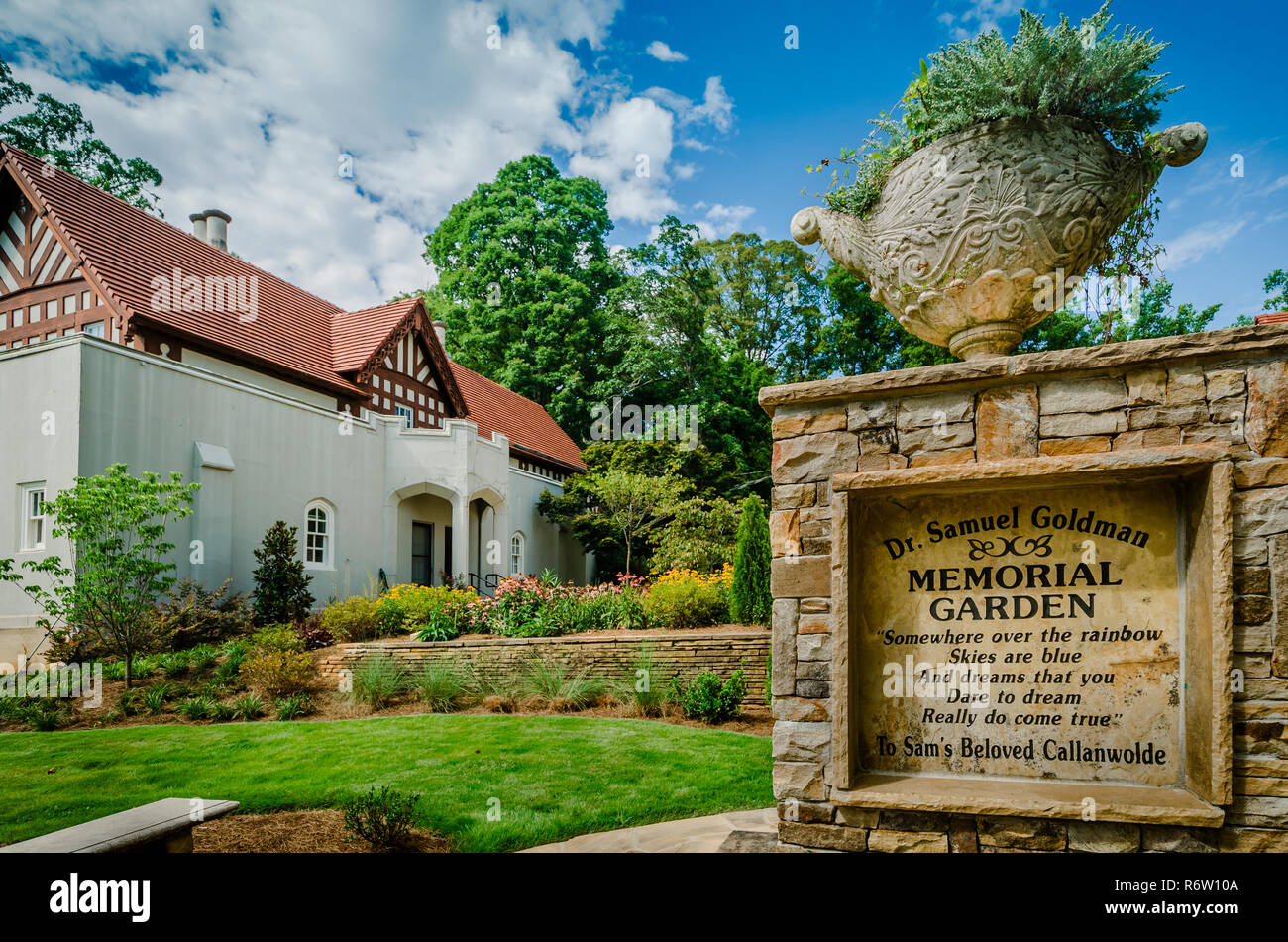 A sign flanks the entrance to the Dr. Samuel Goldman memorial garden at Callanwolde Fine Arts Center in Atlanta, Georgia. Stock Photo