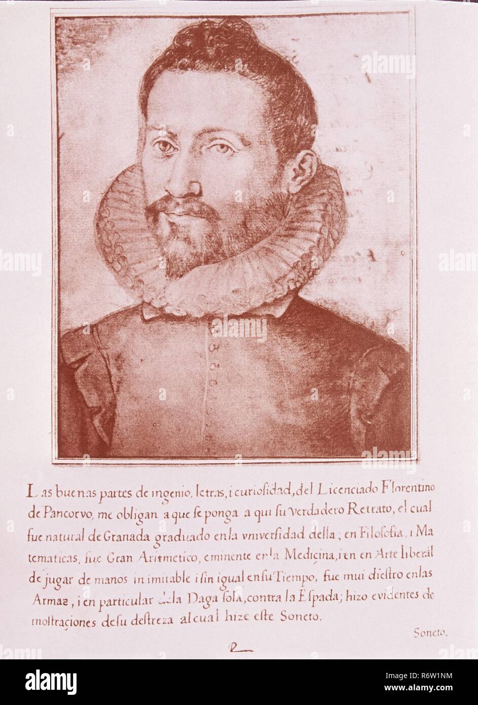 FLORENTINO DE PANCORVO - LIBRO DE RETRATOS DE ILUSTRES Y MEMORABLES VARONES - 1599. Author: PACHECO, FRANCISCO. Location: BIBLIOTECA NACIONAL-COLECCION. MADRID. SPAIN. Stock Photo