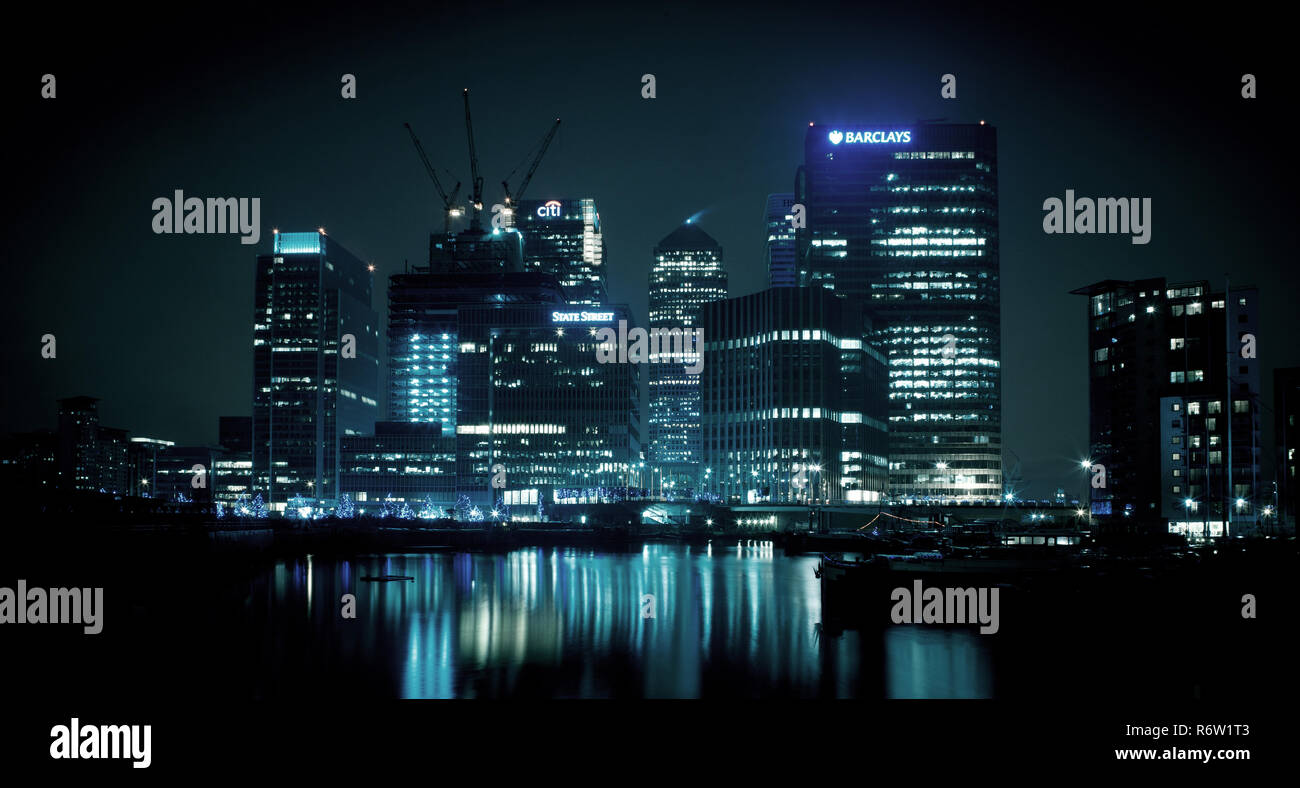 London Canary Wharf at Night waterfront Stock Photo - Alamy