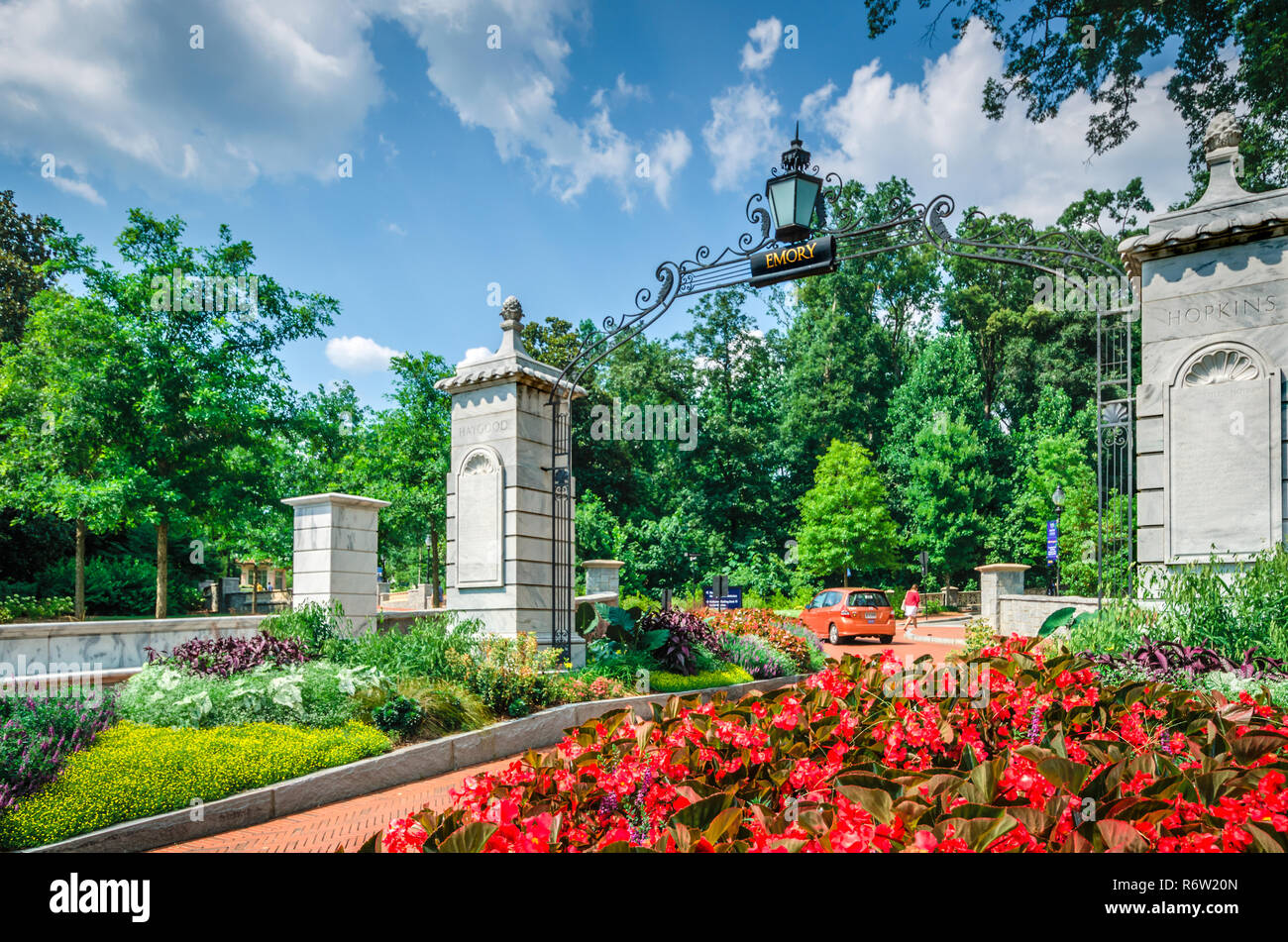 Flowers bloom at the entrance to Emory University, July 7, 2014, in Atlanta, Georgia. Emory was founded in 1836 and is a private research university. Stock Photo