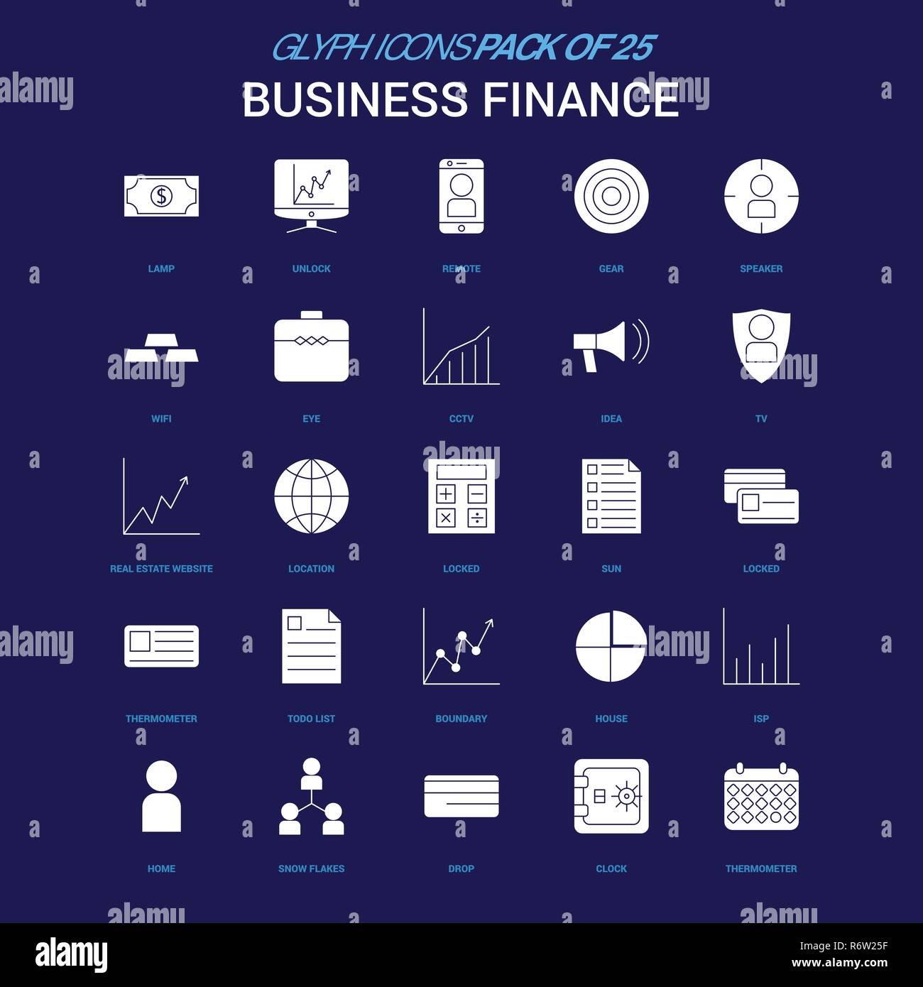 Business Finance White icon over Blue background. 25 Icon Pack Stock