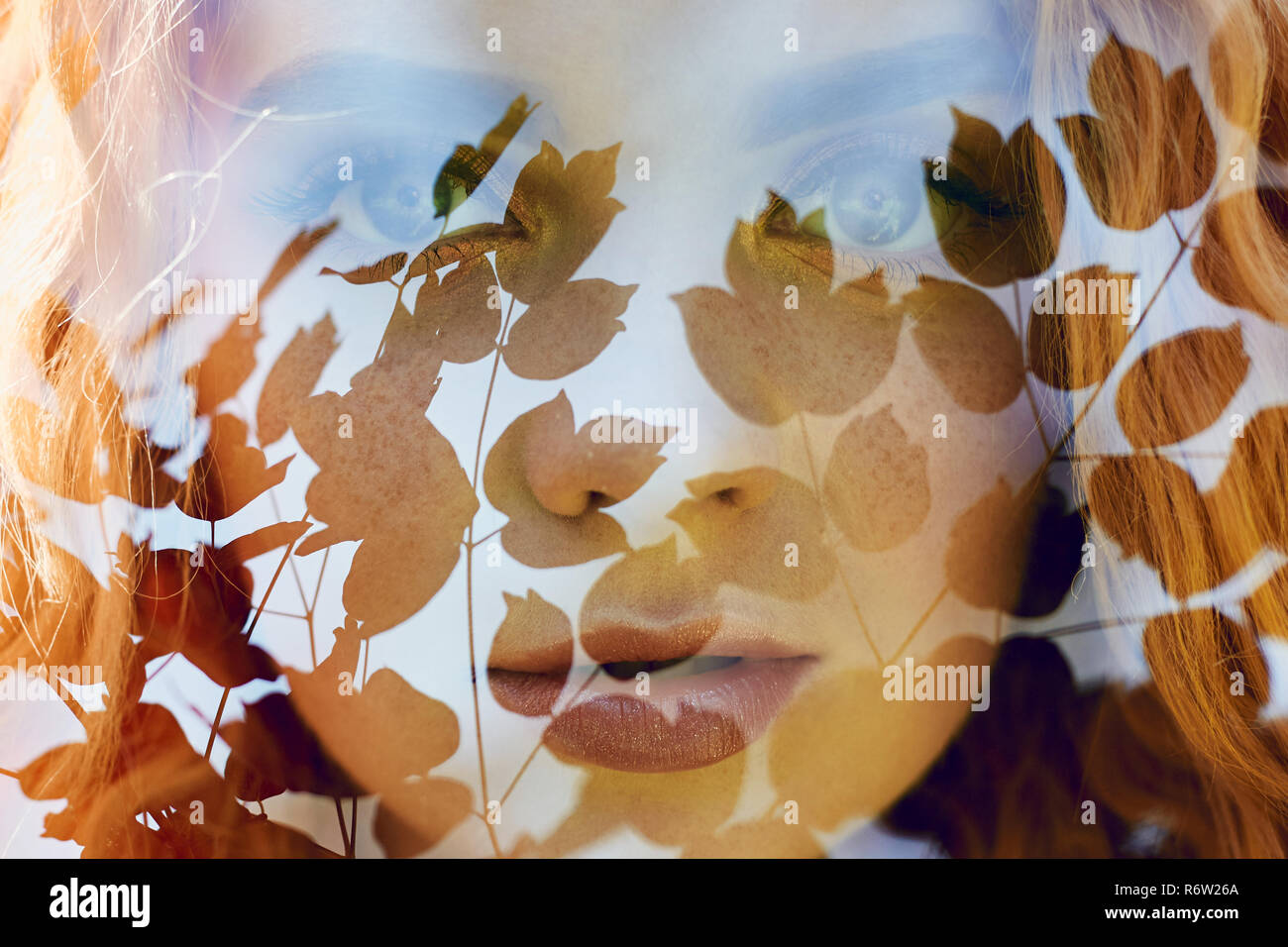 Portrait of a woman with a double exposure, the girl and the blurred ...