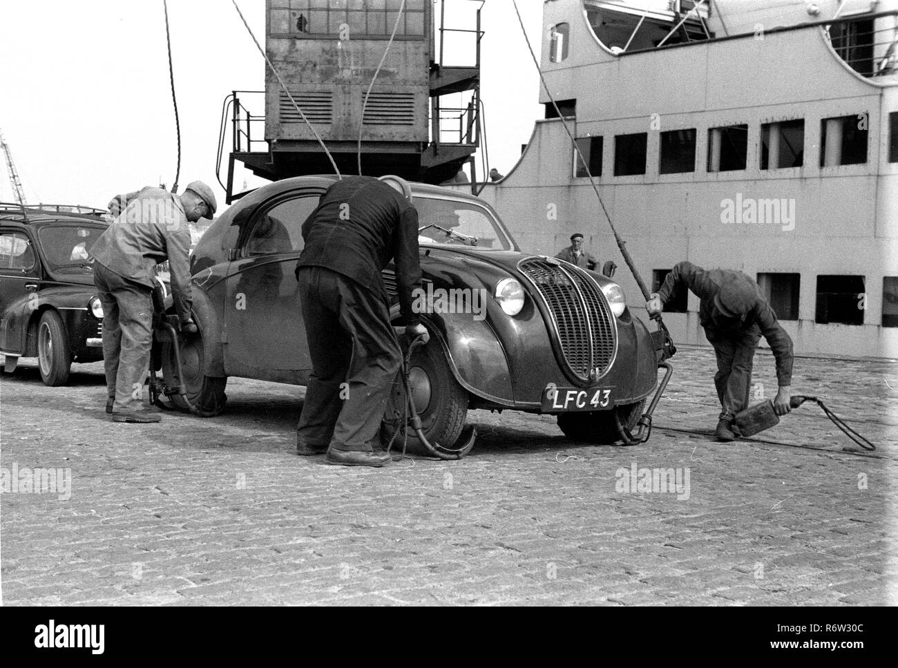 Calais France 1948 British cars being loaded on ferries Stock Photo
