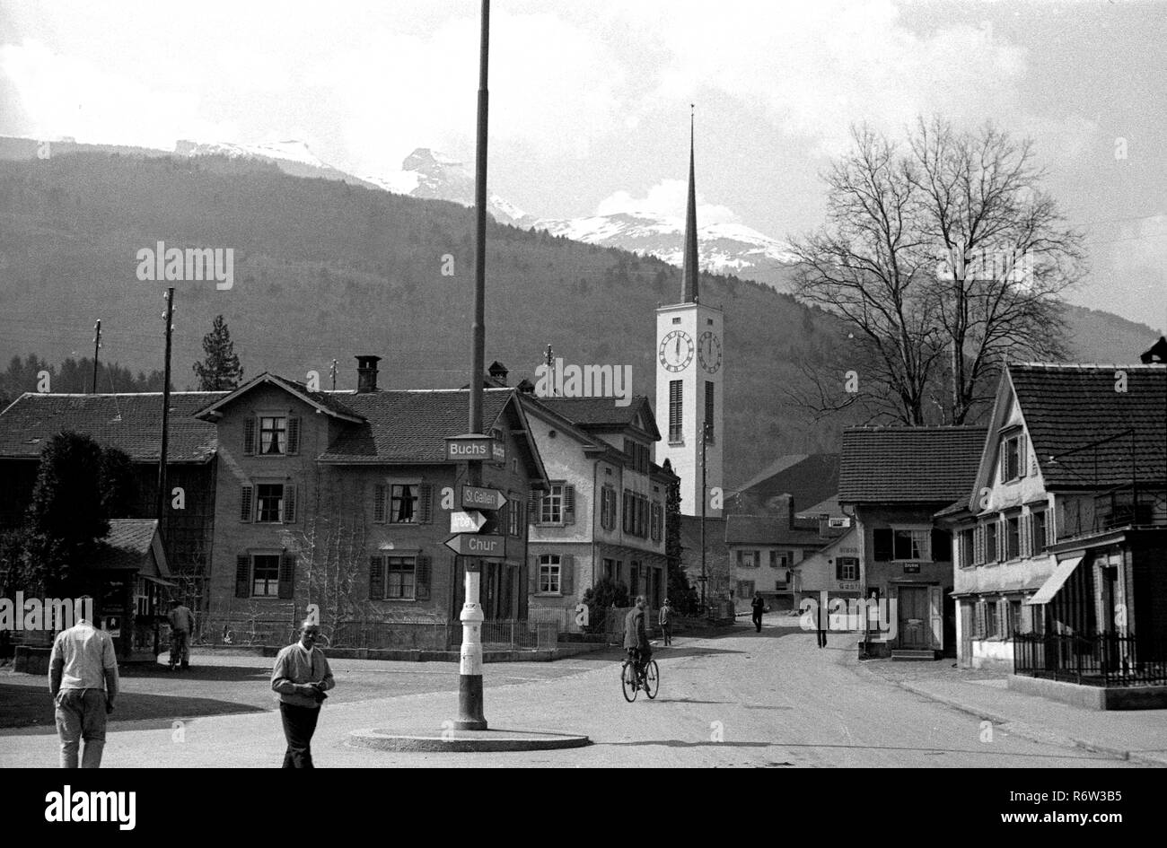 1934 Street Scene Buchs, St. Gallen in Switzerland on the border with Liechtenstein Stock Photo