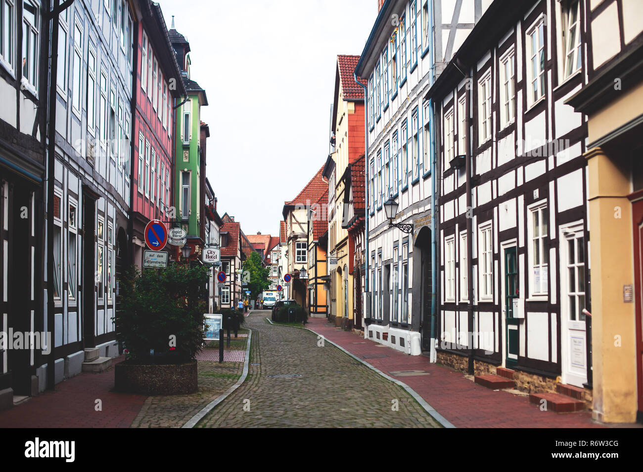 View oh Hameln old town with market square and traditional german