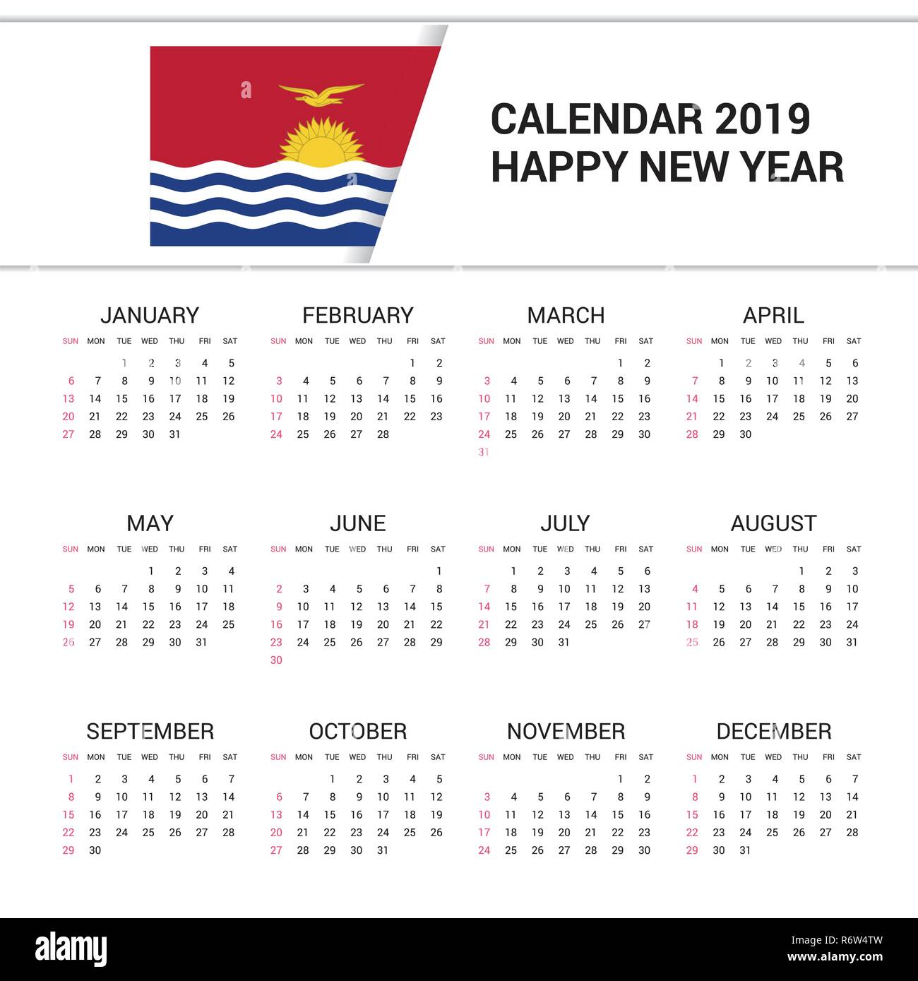 Calendar 2019 Kiribati Flag background. English language Stock Vector