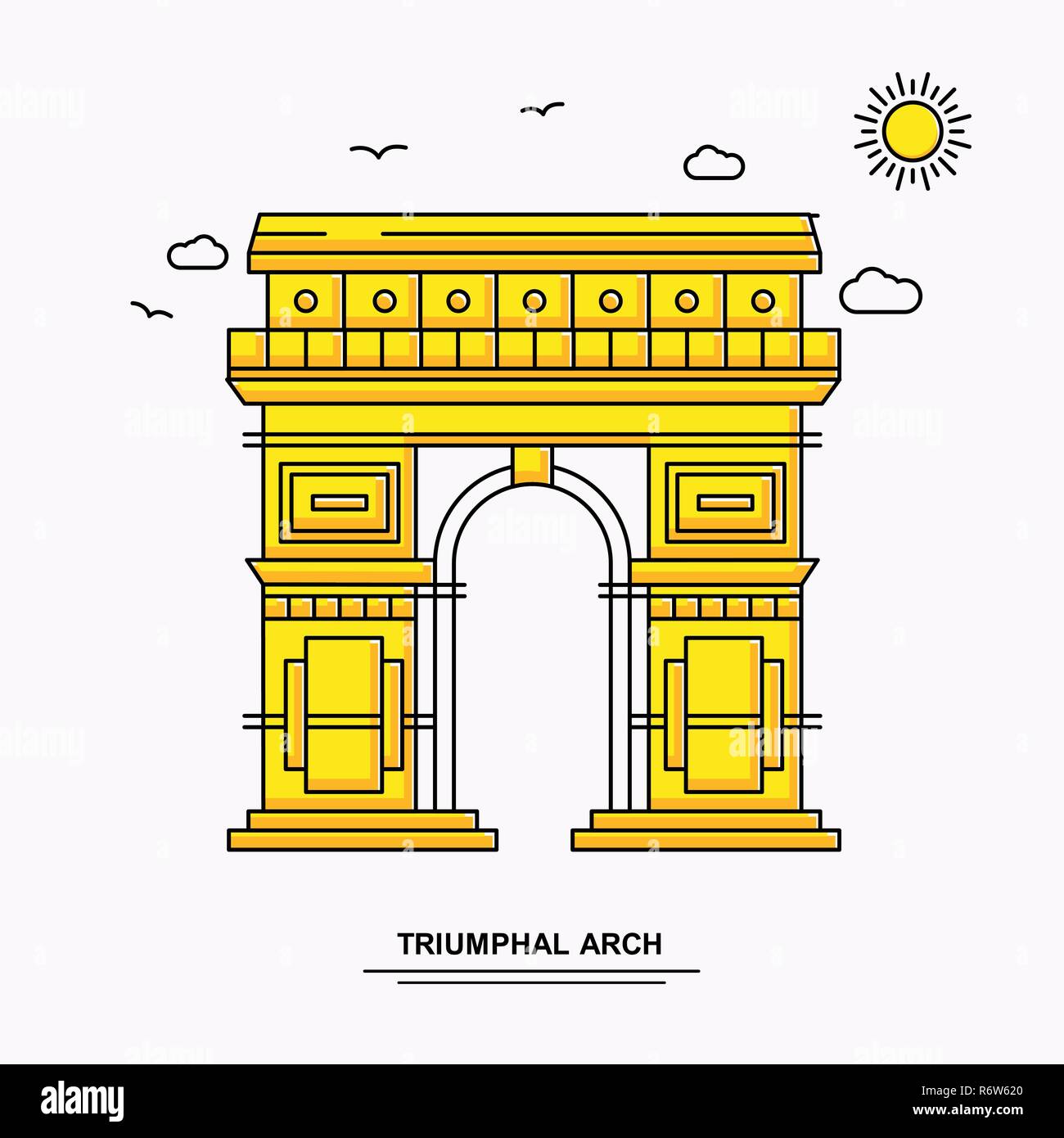 TRIUMPHAL ARCH Monument Poster Template. World Travel Yellow illustration Background in Line Style with beauture nature Scene Stock Vector
