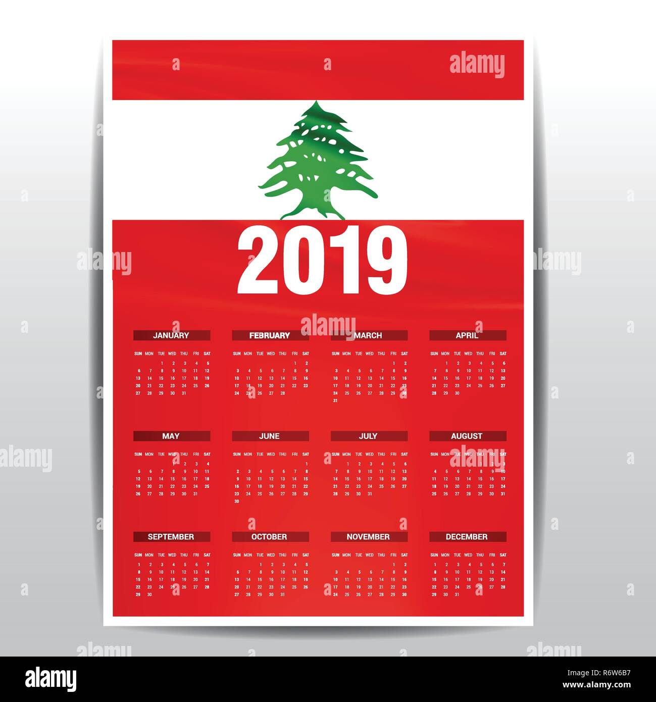 Calendar 2019 Lebanon Flag background. English language Stock Vector