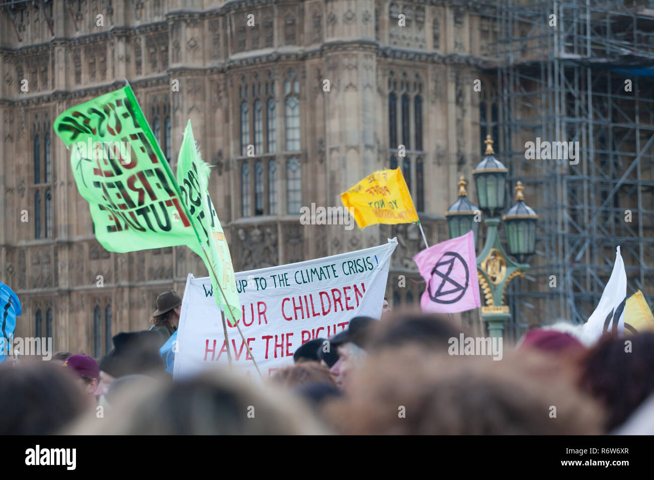 Extinction Rebellion demonstration drawing politicians and the public's attention to the serious issues of Climate Cnange .5 main bridges across River Stock Photo