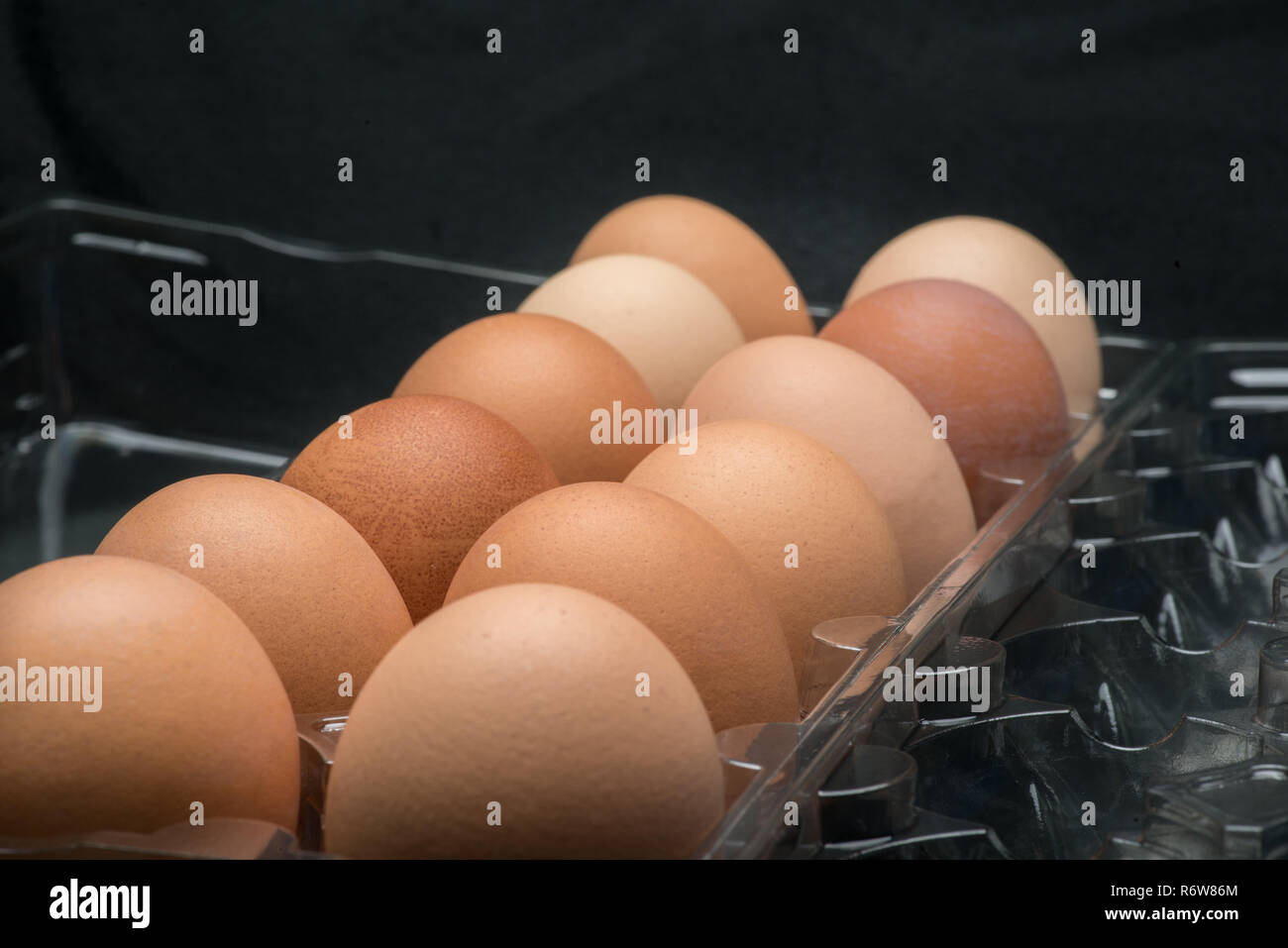 A plastic carton of fresh organic brown free range eggs Stock Photo