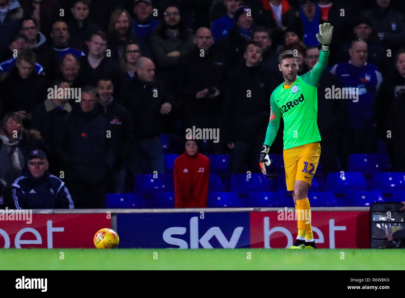 3rd November 2018, Portman Road, Ipswich, England; Sky Bet Championship Preston North End  ; Paul Gallagher (12) of Preston acts as stand in goalkeeper after Chris Maxwell is sent off.  Credit: Georgie Kerr/News Images,  English Football League images are subject to DataCo Licence Stock Photo