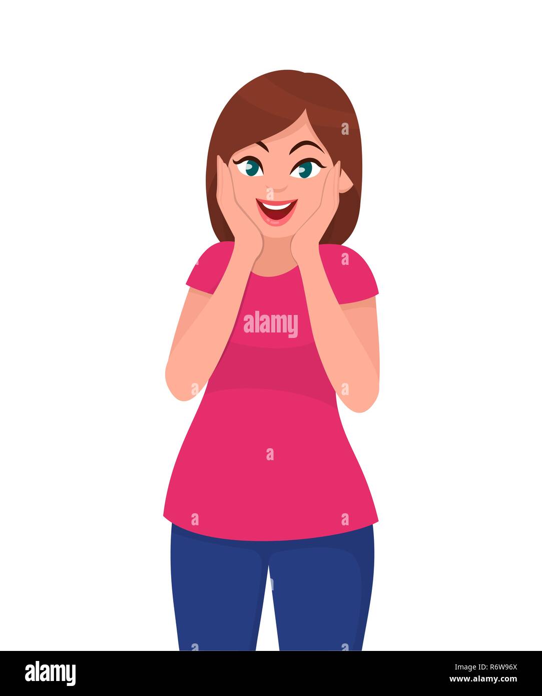 Amazed or surprised pretty young woman holding hands on face. Human emotion and body language concept illustration in vector cartoon flat style. Stock Vector