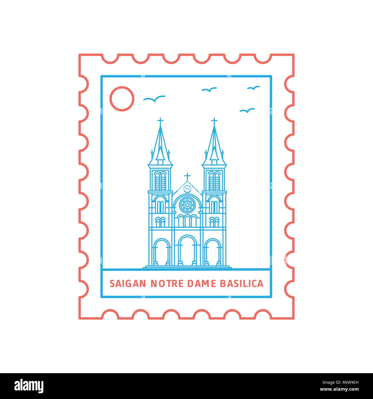 SAIGAN NOTRE DAME BASILICA postage stamp Blue and red Line Style