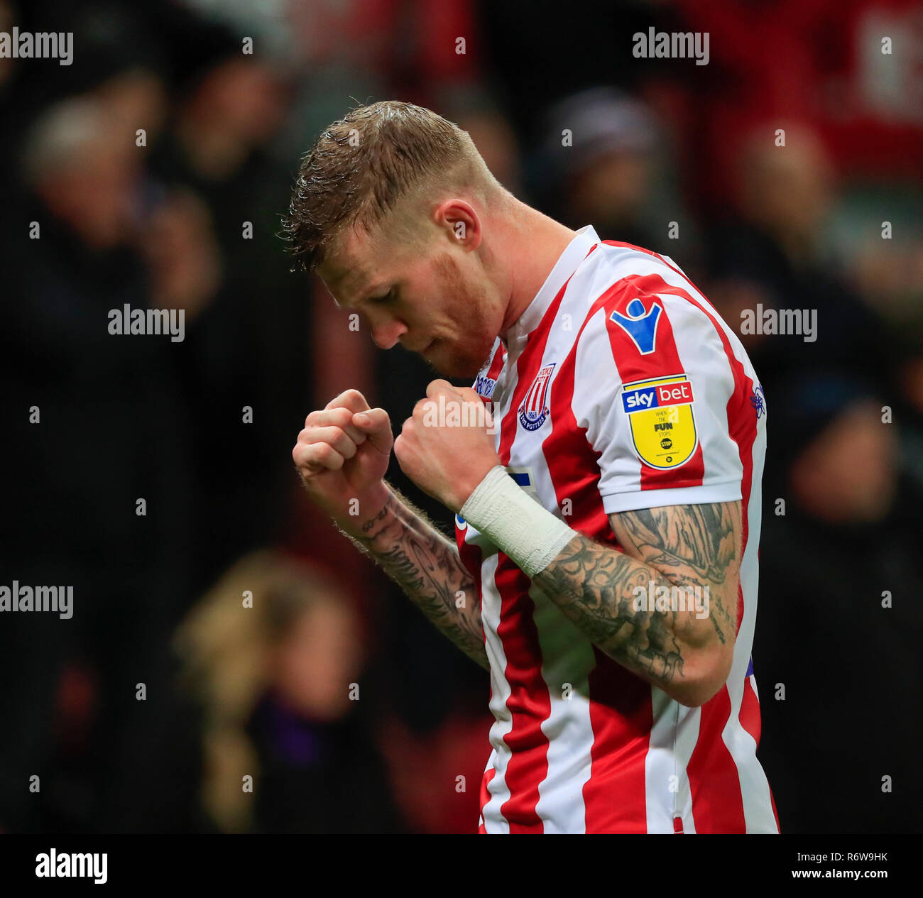 28th November 2018, Bet365 Stadium, Stoke-on-Trent, England; Sky Bet Championship, Stoke City v Derby County ; James McClean of Stoke City savours the victory  Credit: Conor Molloy/News Images  English Football League images are subject to DataCo Licence Stock Photo