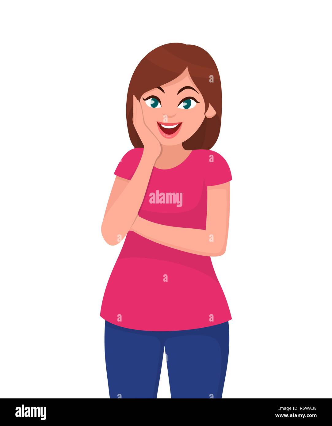Amazed or surprised pretty young woman facial expression. Human emotion and body language concept illustration in vector cartoon flat style. Stock Vector